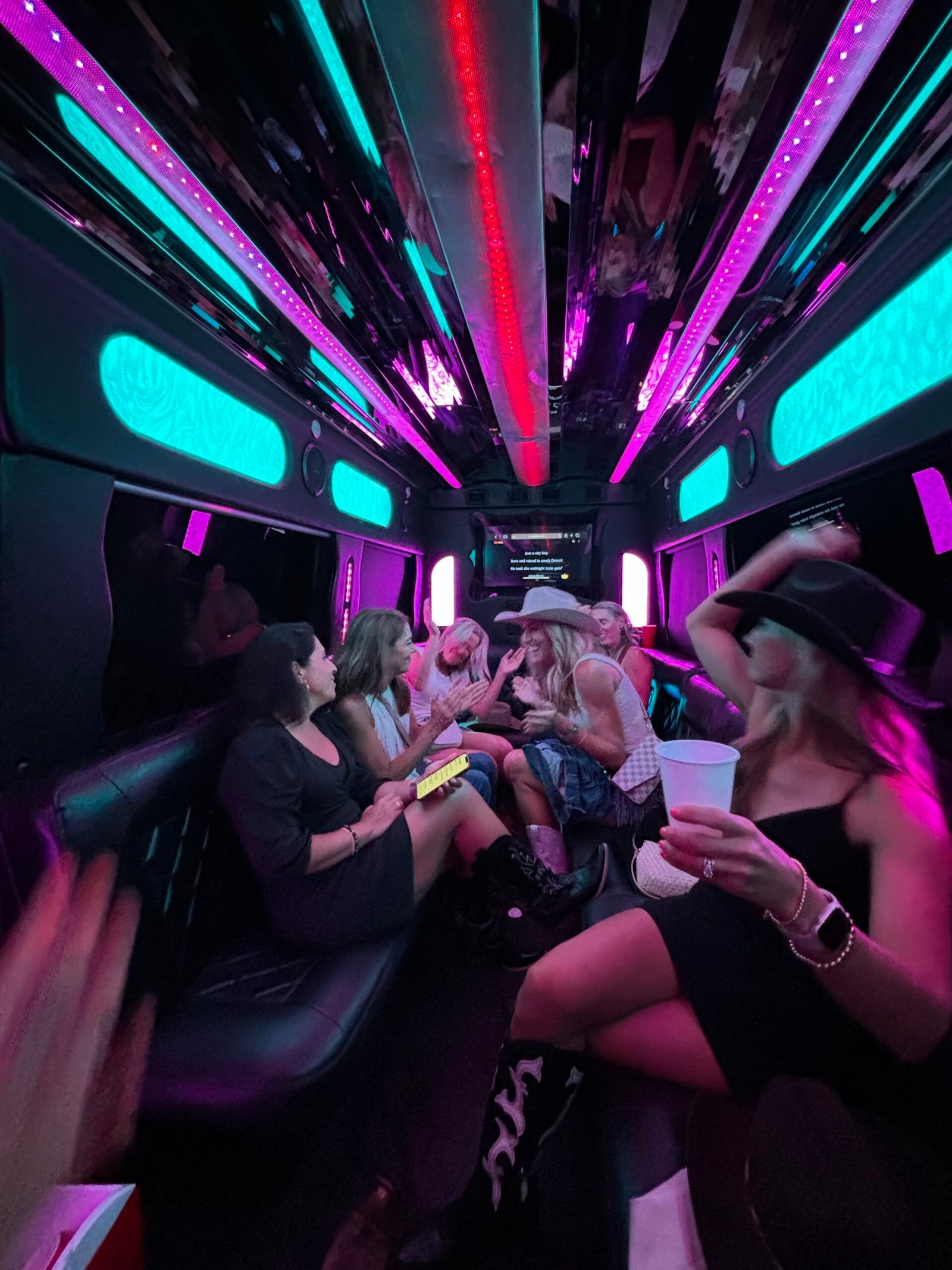 A group singing karaoke aboard The Bandwagon, Blue Skies Chauffeured Transportation's karaoke & live-TV Sprinter